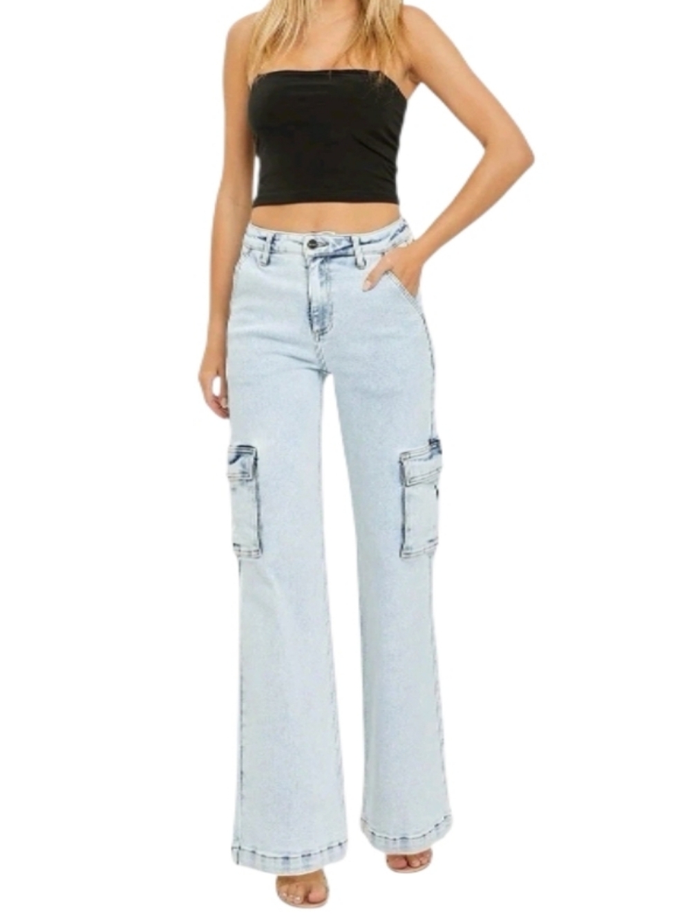 RISEN High-Waisted Light Wash Cargo Wide-Leg Jeans-NWT